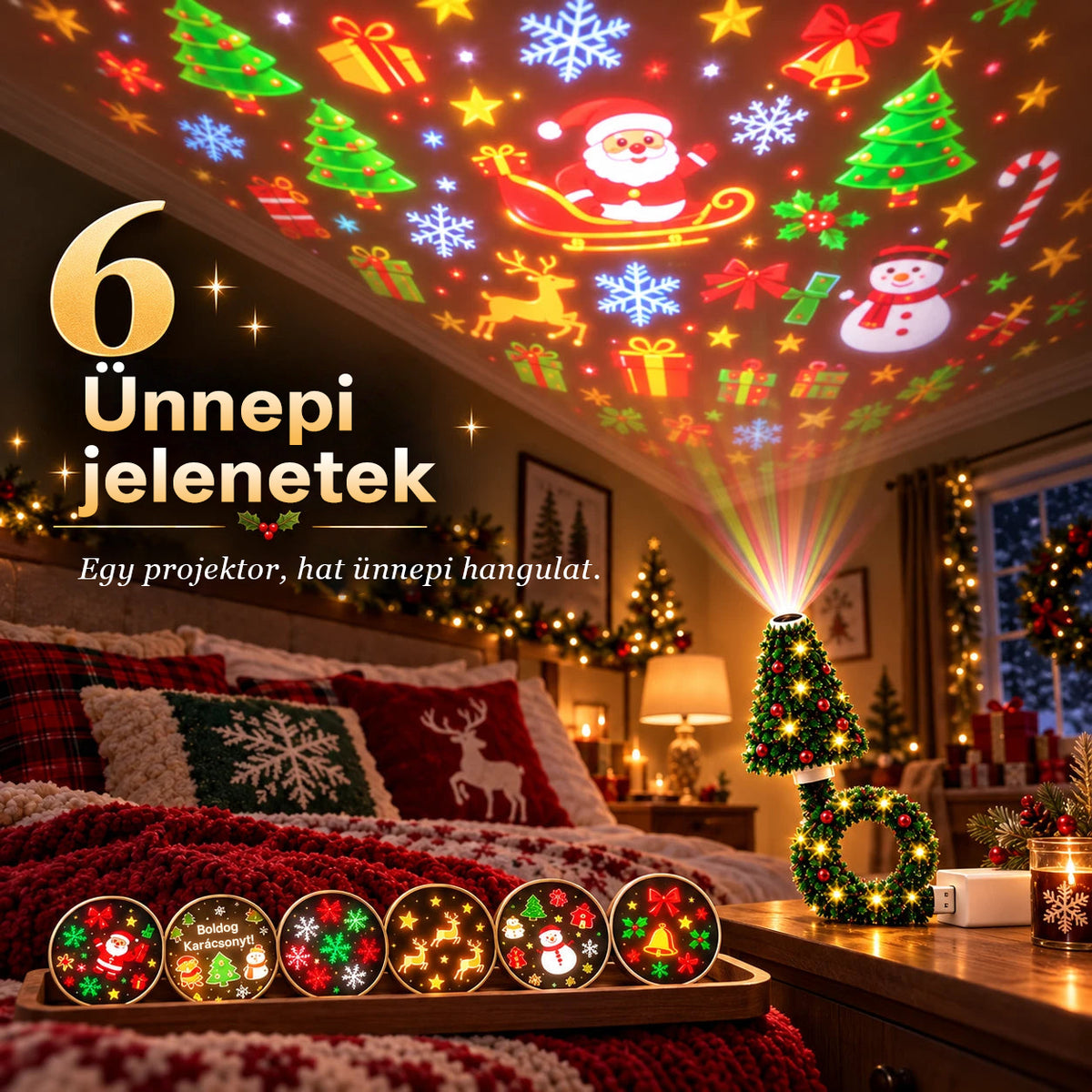 Billhol® USB-s karácsonyi projektorlámpa 🎄– 6 varázslatos ünnepi mintával🌟