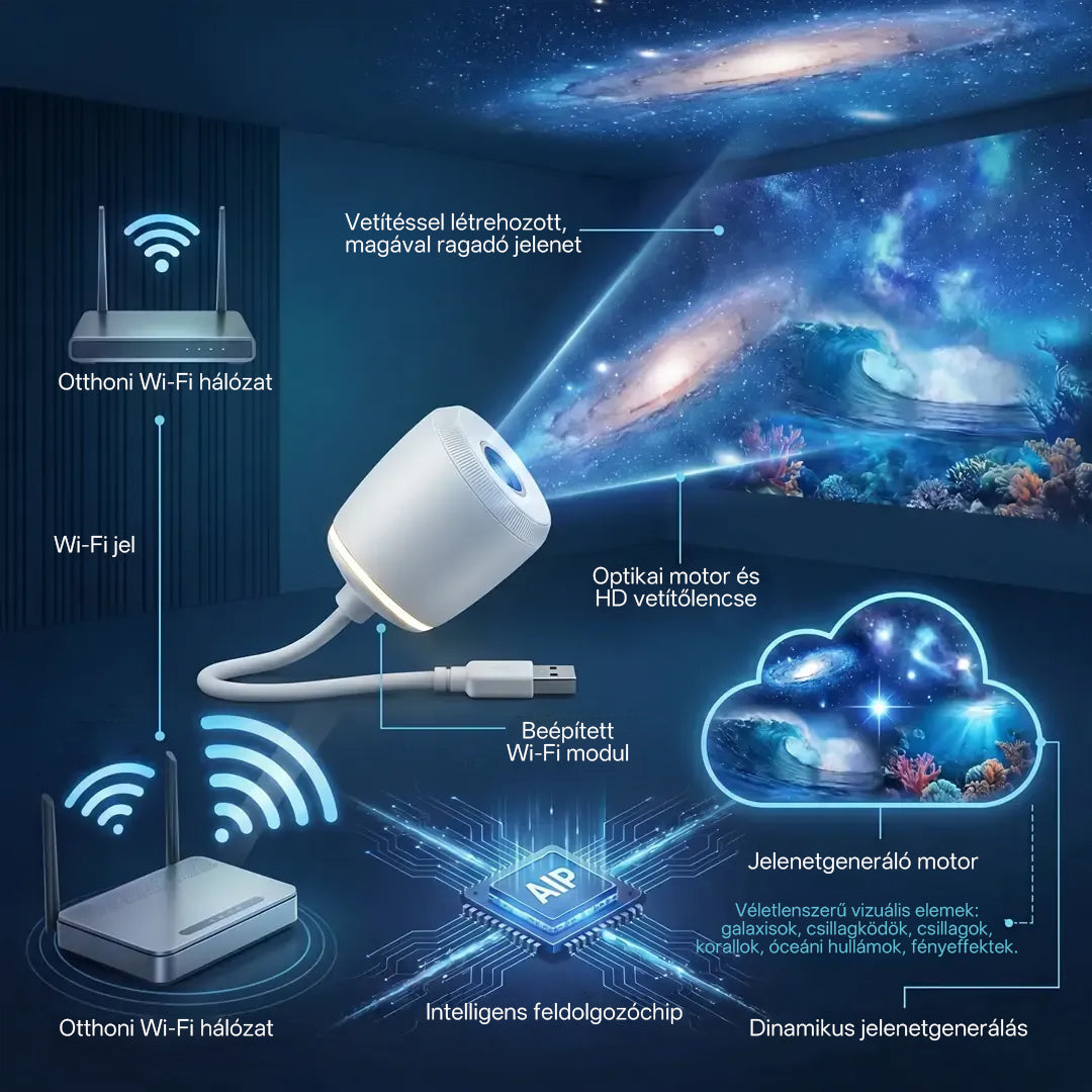 Billhol® 5D galaxisprojektor – Éjszakai fény és hangulatvilágítás a hálószobába, nappaliba és gyerekszobába🌌