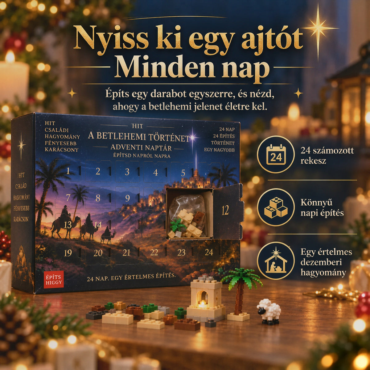 Billhol® Betlehemi adventi naptár építőkockákkal – 24 napos karácsonyi visszaszámlálás☁️