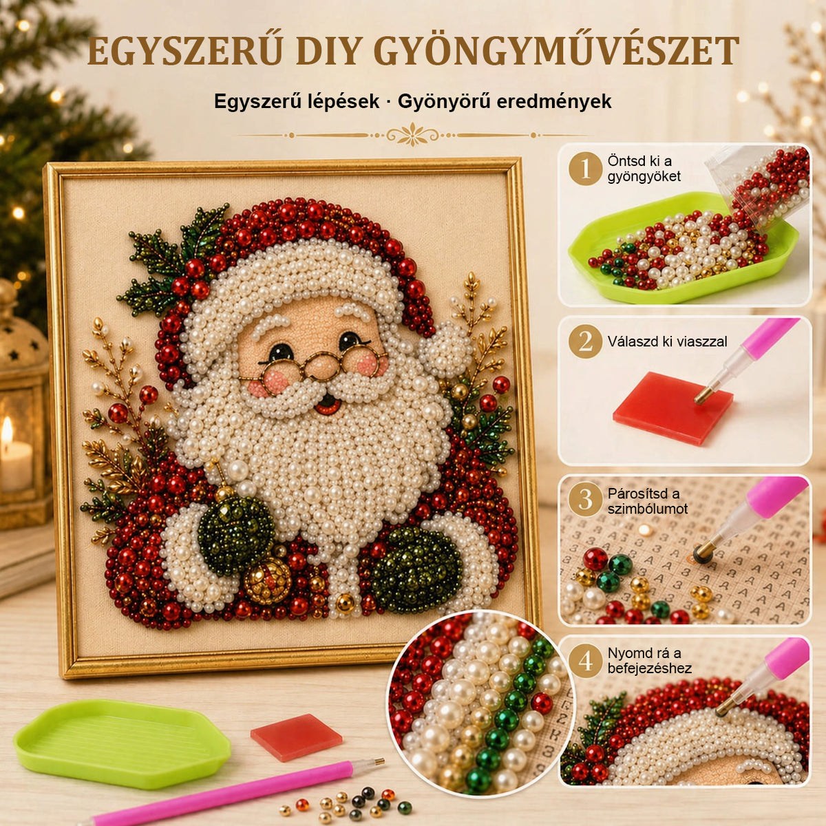 Karácsonyi gyöngyös gyémántfestő készlet kerettel – Alkoss csillogó ünnepi képet saját kezűleg! 🎅