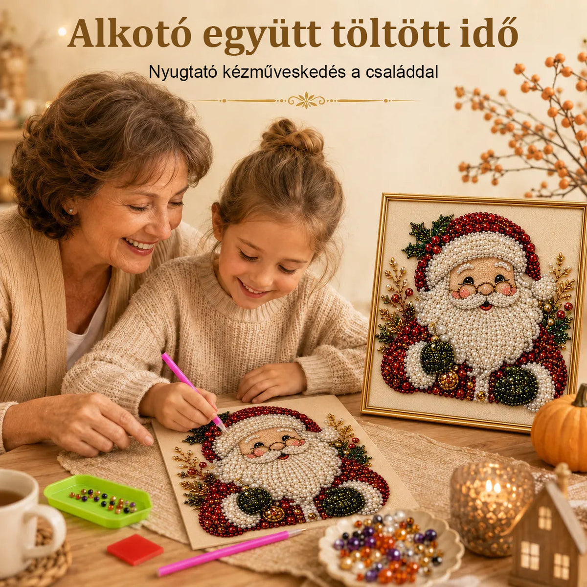 Karácsonyi gyöngyös gyémántfestő készlet kerettel – Alkoss csillogó ünnepi képet saját kezűleg! 🎅