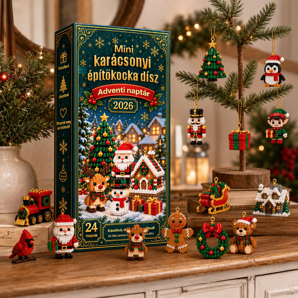 Billhol® 24 részes mini adventi naptár karácsonyi díszekkel | 24 egyedi, ünnepi minta saját kezű összeállításhoz, akasztókkal együtt – tökéletes karácsonyfák, koszorúk és ünnepi dekorációk díszítésére🍌